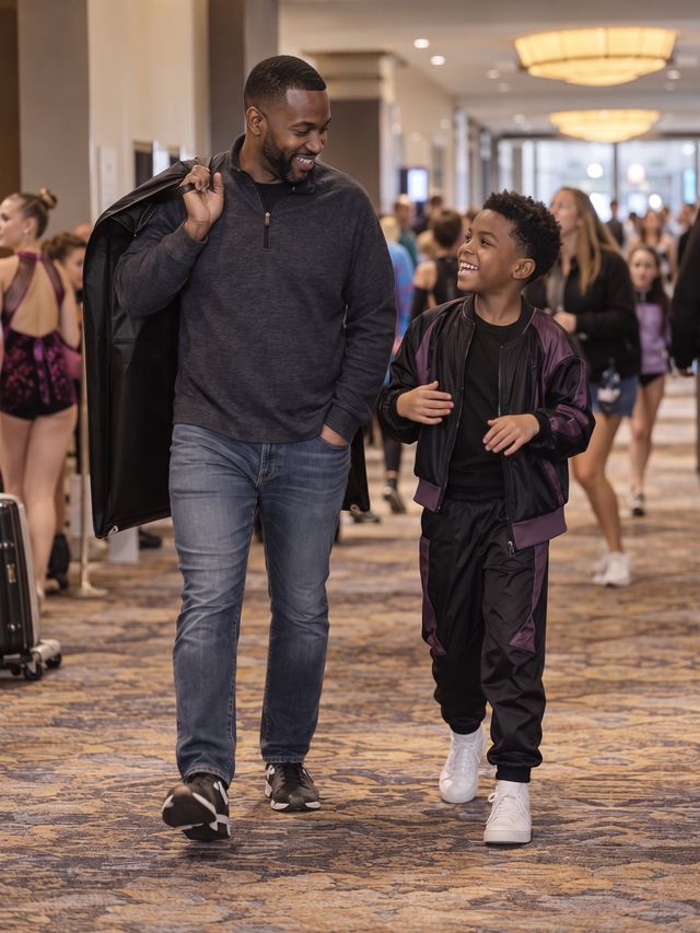 A boy dancer in his hip-hop costume laughing with his dad, who carries the garment bag, in a competition hallway